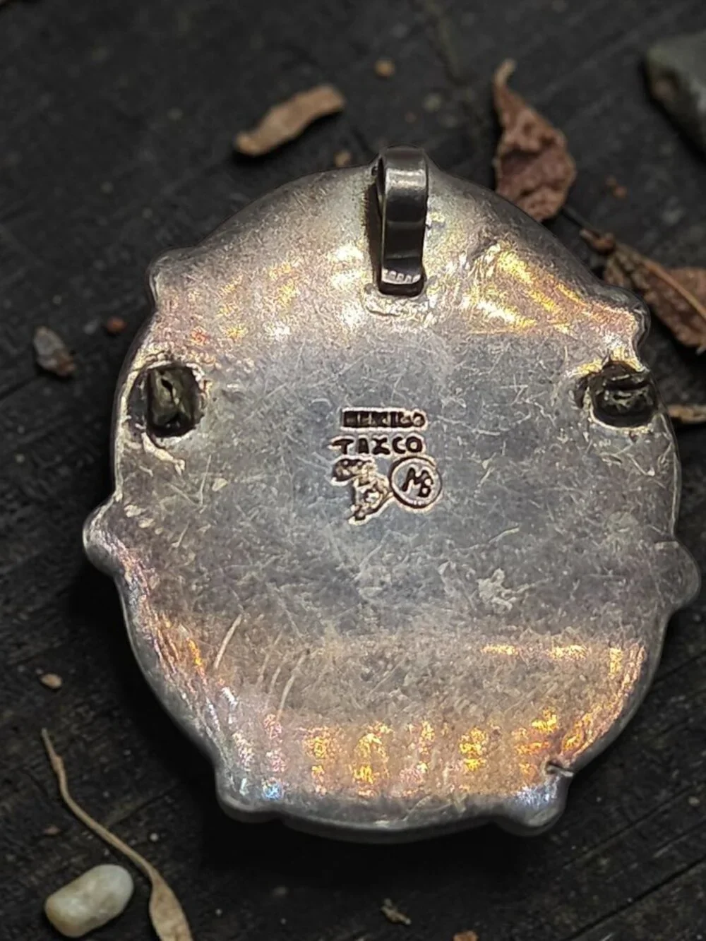 Vtg Taxco Mexico Sterling Silver Amazonite Pendant MB Maker Circle Mark Eagle 3